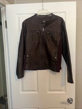 Maurices Dark Brown Leather Moto Jacket with Plum Side Panels
